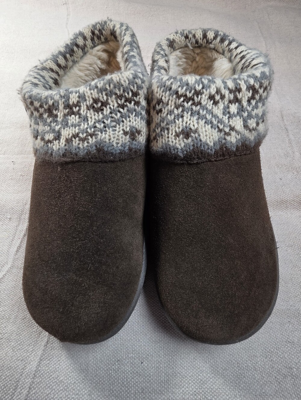 Clark's Brown Upper Suede Women's Clog Slipper Knit Cuff Rubber Soles Faux Fur